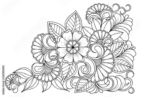 Fototapeta Floral picture in black and white  for adult coloring books. Coloring page of monochrome flowers and leafs. Doodles pattern