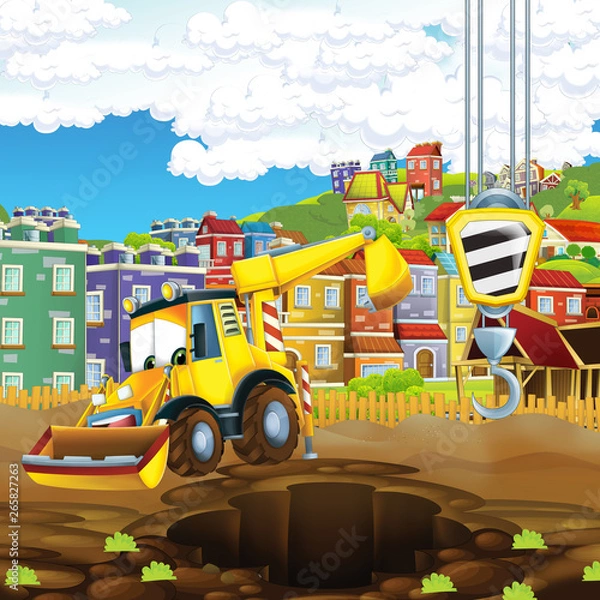 Fototapeta cartoon scene with diggers on construction site father and son - illustration for the children