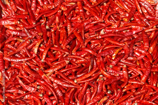 Fototapeta Hot sharp burning pods of ripe juicy red chili peppers. Natural ecological background.