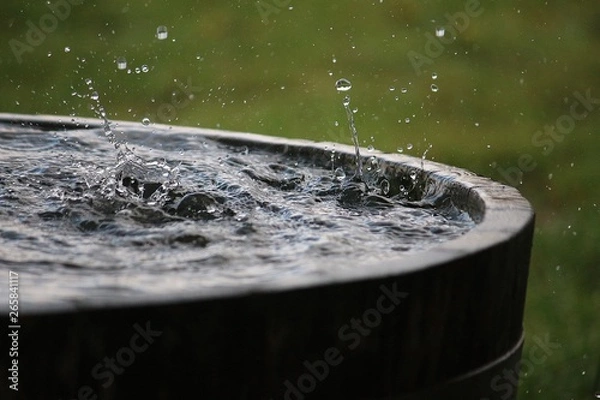 Fototapeta rain is falling in a wooden barrel full of water in the garden