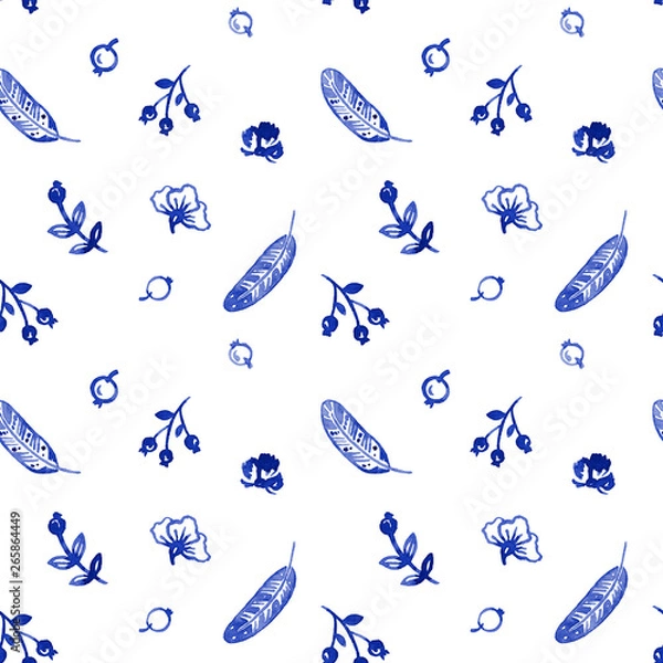 Obraz Watercolor seamless pattern with flowers, berries, feathers