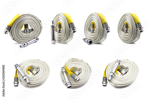 Obraz Collection set fire extinguisher and fire hose reel inside the building on isolated a white background.