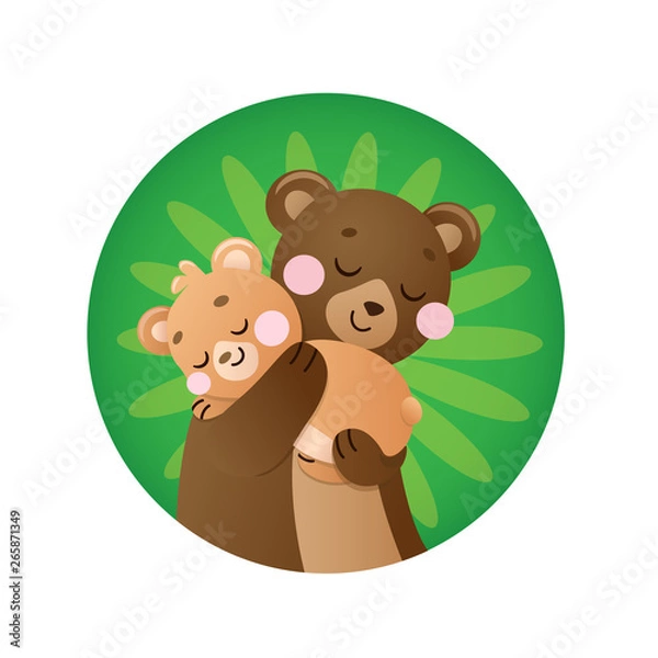 Fototapeta Mom bear is hugging baby bear on green background