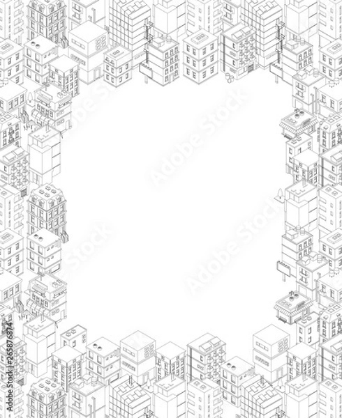 Fototapeta Isometric city buildings. A4 rectangular frame. Gray lines outline contour style. Background real estate. Vector illustration. Copy space for text place. For rent.
