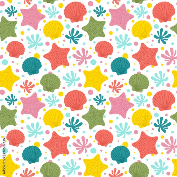 Fototapeta Seamless vector pattern with sea shells, starfishes and living coral.