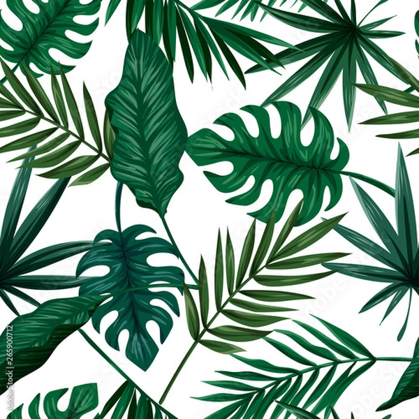 Fototapeta Tropical leaves seamless pattern, vector
