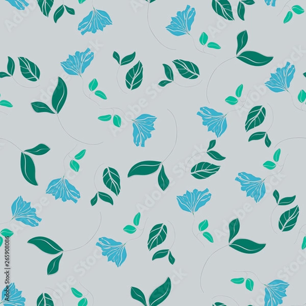 Fototapeta Blossom floral seamless pattern. Blooming botanical motifs scattered random. Colorful vector texture. Good for fashion prints and design. Hand drawn small blue flowers with leaves on grey background.