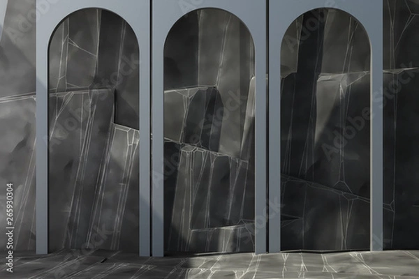 Fototapeta Grey arch with rock background and floor. 3d rendering