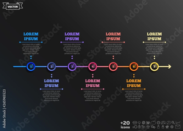 Fototapeta Timeline infographics design with colorful circles on the black background. Business concept. 7 options, parts, steps. Can be used for graph, diagram, chart, workflow layout, number options, web.
