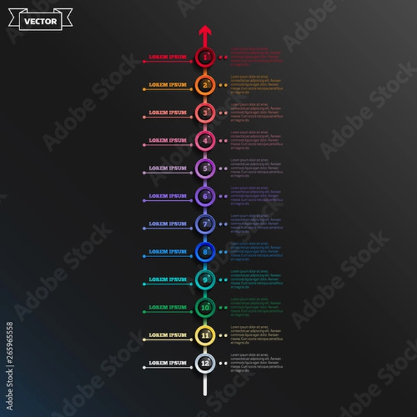 Fototapeta Timeline infographics design with colorful circles. Business concept. 12 options, parts, steps. Can be used for graph, diagram, chart, workflow layout, number options, web. Vector illustration.