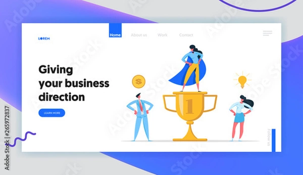 Fototapeta Business Team Success Concept with Characters and Golden Prize Landing Page. Teamwork Achievement, Super Businesswoman Hero Celebrating with Trophy Banner Website. Vector flat illustration
