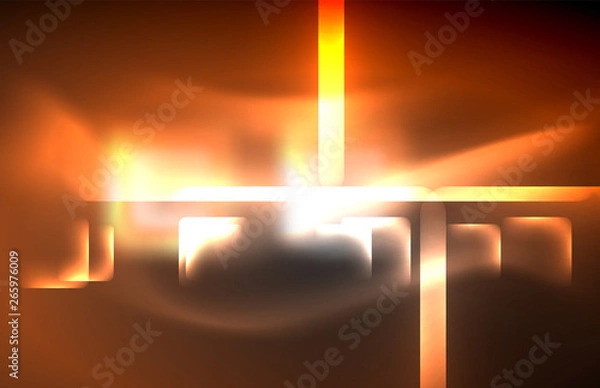 Fototapeta Neon square and line lights on dark background with blurred effects