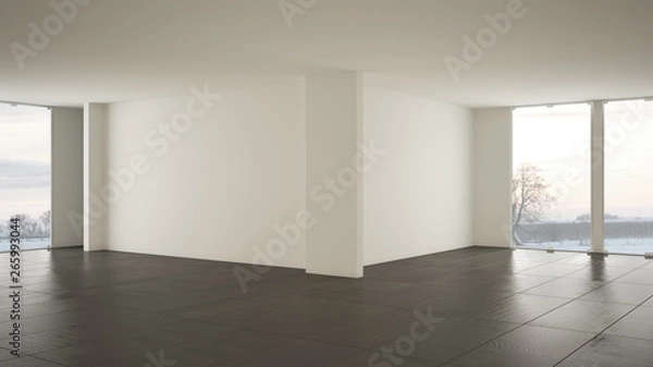 Fototapeta Empty room interior design, open space with big panoramic window on winter meadow with snow, dark gray marble tiles floor, modern contemporary architecture