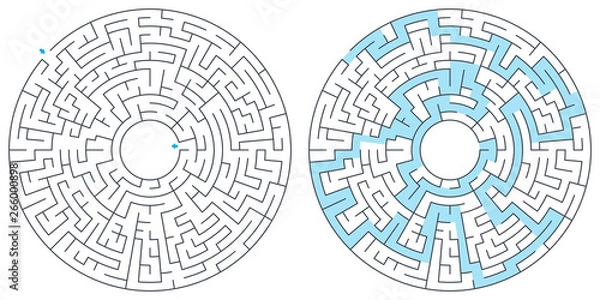 Fototapeta Maze, labyrinth with solution, vector illustration. Round, circular maze. High quality vector.