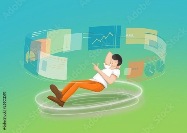 Fototapeta businessman pushing virtual button on touch screen interface