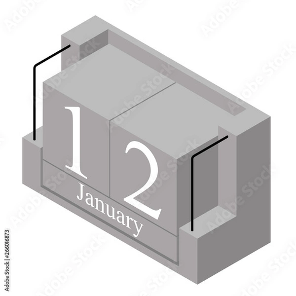 Fototapeta January 12th date on a single day calendar. Gray wood block calendar present date 12 and month January isolated on white background. Holiday. Season. Vector isometric illustration