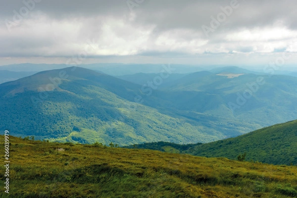 Fototapeta sun lit valley in afternoon. beautiful mountainous landscape and cloudy sky in golden light. lovely scenery after the storm. view from the top of a hill