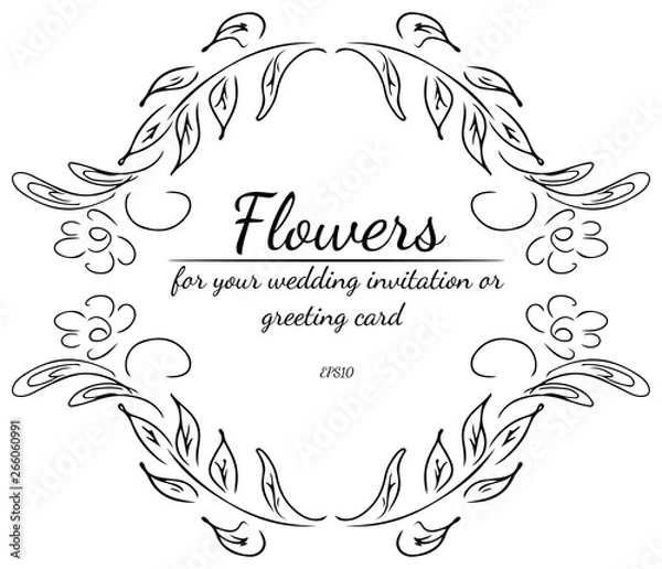 Fototapeta Wreath of roses or peonies flowers and branches isolated on white background. Foral frame design elements for invitations, greeting cards, posters. Hand drawn vector illustration. Line art. Sketch
