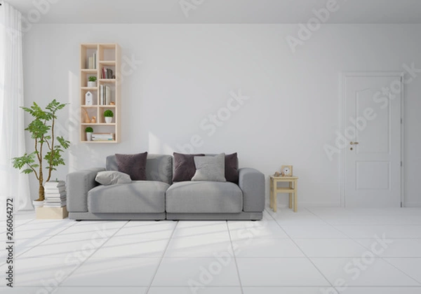 Fototapeta Interior mock up with gray velvet sofa in living room with white wall. 3D rendering.