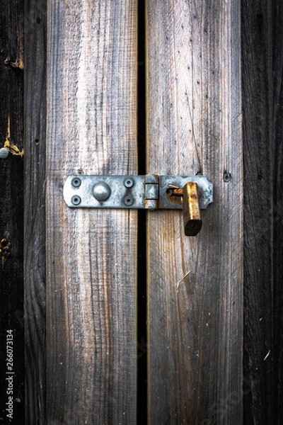 Fototapeta A rusty padlock secures an old door