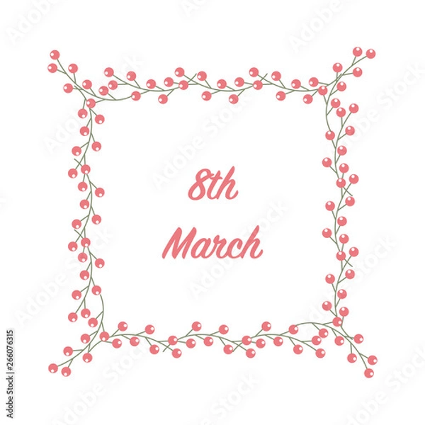 Fototapeta Romantic spring postcard template with a square frame of holly branches and a text sample. Pastel colours. White background. Flat style vector illustration.