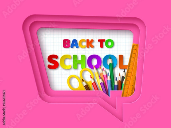 Fototapeta Back to school typography design with realistic school supplies. Paper cut speech bubble with letters on checkered background. 3d layered art. Vector illustration.