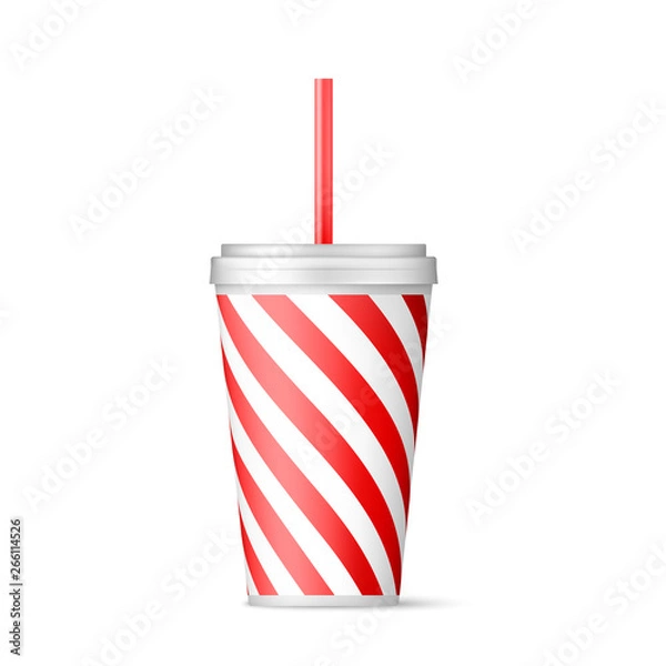 Fototapeta Realistic red striped paper cup for soda. vector illustration isolated on white background