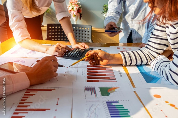 Fototapeta Businesspeople analyzing investment graph meeting brainstorming and discussing plan in meeting room, investment concept
