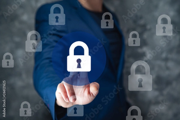 Fototapeta man touching lock in the screen