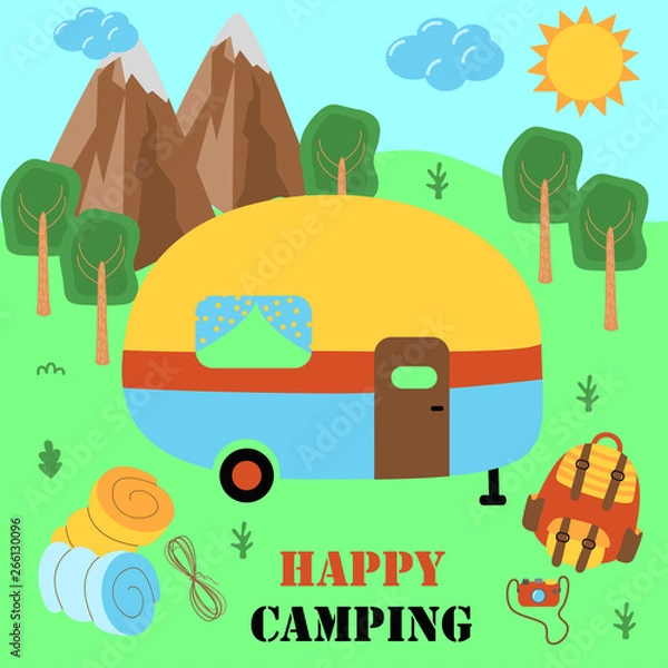 Fototapeta happy camping poster with trailer - vector illustration, eps
