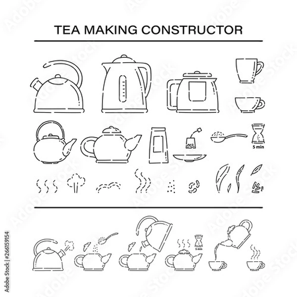 Obraz Cooking brew tea procedure constructor set icons. How to make hot drink teapot and boil in the kettle water vector line art sketch black white isolated illustration.