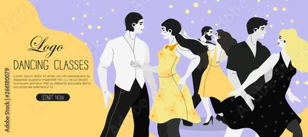 Fototapeta Vector illustration of a dancing studio rehearsal. Young men and women attending dancing classes. Creative banner, flyer or landing page for a dance studio or ballroom dance classes.