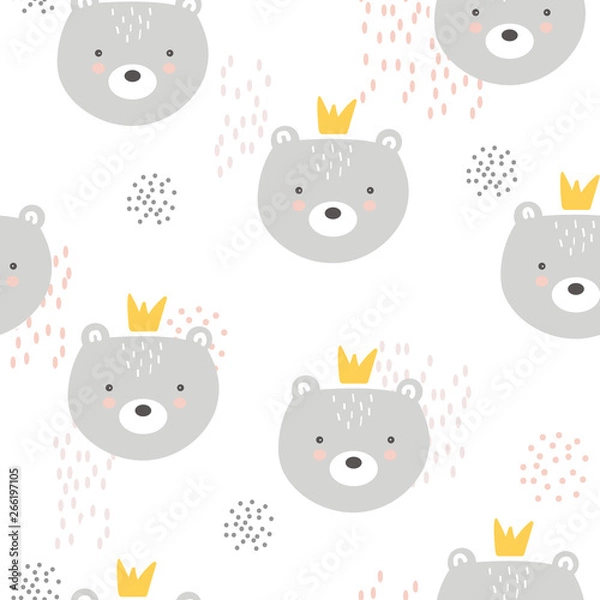 Fototapeta Bears with crowns, hand drawn backdrop. Colorful seamless pattern with muzzles of animals. Decorative cute wallpaper, good for printing. Overlapping colored background vector
