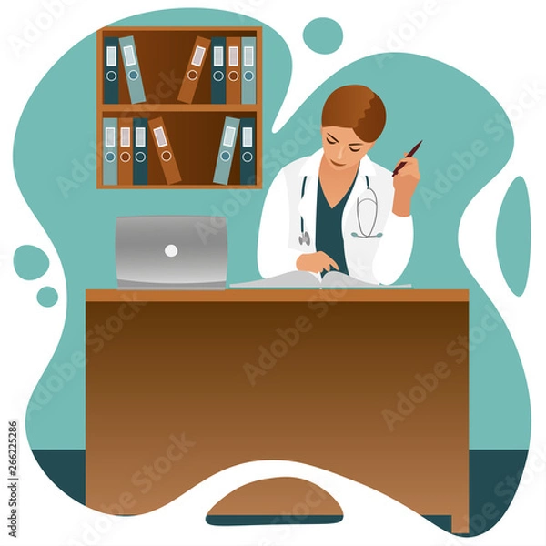 Obraz A female doctor in a white coat sits in an office at a desk at work in front of a laptop. Vector illustration.