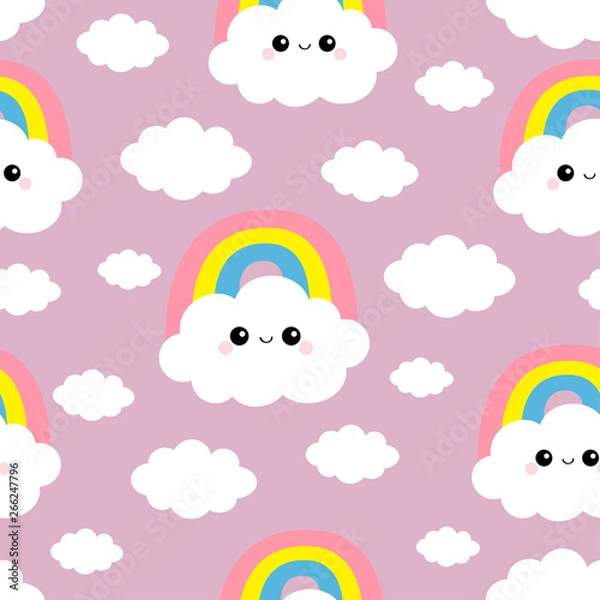 Fototapeta Seamless Pattern. Cloud Rainbow. Funny face head. Cute cartoon kawaii funny baby character. Kids decor. Wrapping paper, textile template. Nursery decoration. Violet background. Flat design.