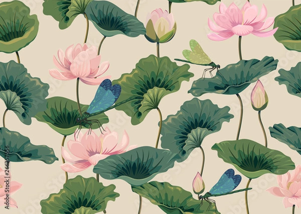 Obraz eamless pattern with lotuses and dragonflies