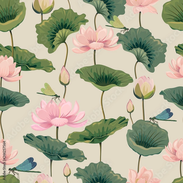 Obraz eamless pattern with lotuses and dragonflies