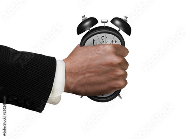 Obraz Time is not enough concept. Businessman's fist clenched the deformed alarm clock in anger, isolated on white background.
