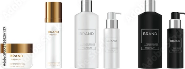 Fototapeta Round white, black, gold, grey and silver plastic bottle set with dispenser for  liquid soap, lotion, shampoo, shower gel, lotion, body milk.  Realistic packaging mockup template. Side view. With gold
