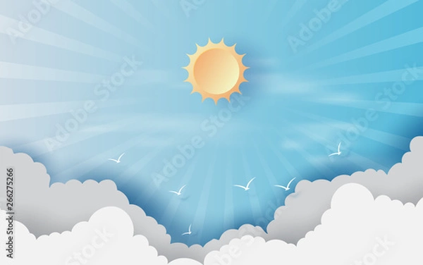 Fototapeta Paper cut and craft of Background with clouds on blue sky.Landscape for sunlight on cloudscape.Summer season Hot concept.Summer time is rays. Creative design paper art style.vector.illustration. EPS10