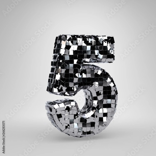 Obraz Chrome Disco ball number 5 isolated on white background. 3D rendered alphabet.