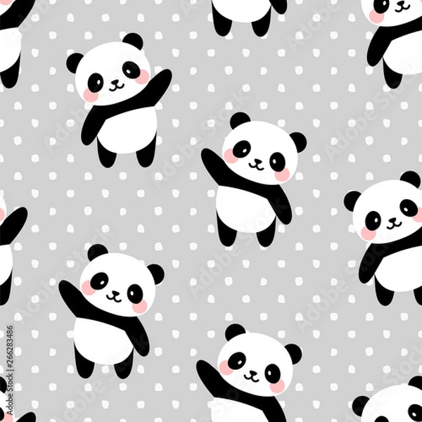 Obraz Panda Seamless Pattern Background, Scandinavian Happy cute panda with dot for baby. cartoon panda bears vector illustration for kids nordic background