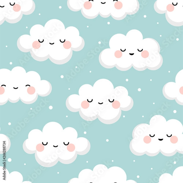 Fototapeta Cloud cute smiling face seamless pattern background with star glow, green repeating vector illustration