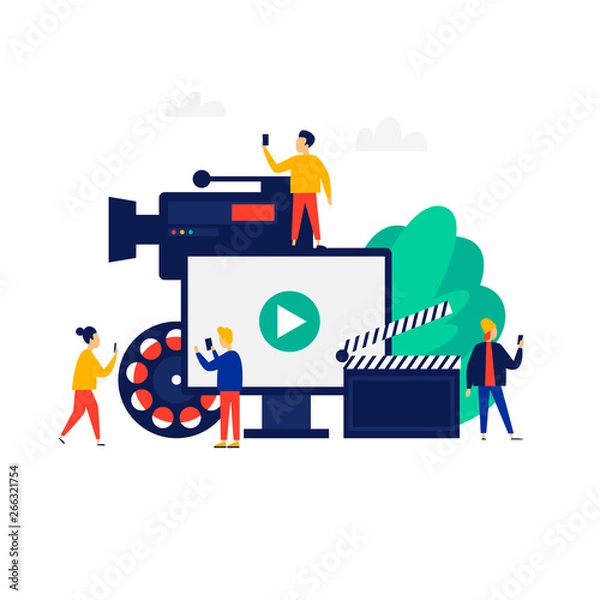 Fototapeta Videography, people shoot video. Flat illustration in cartoon style. Vector.	