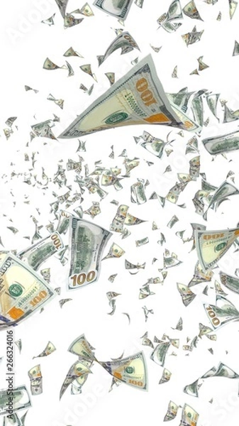 Fototapeta Flying dollars banknotes isolated on white background. Money is flying in the air. 100 US banknotes new sample. 3D illustration