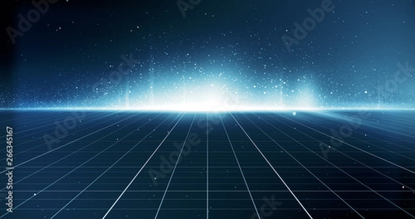 Obraz Futuristic digital grid and particles abstract cyber technology environment background. 3D Illustration.