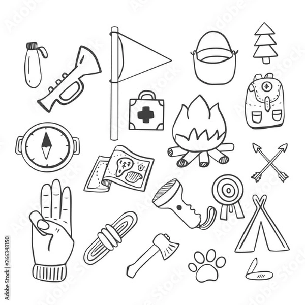 Obraz Scouting Doodle drawings are a set of objects for scouting.