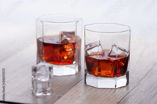 Fototapeta 2 glasses of drinks on the table with ice on the side