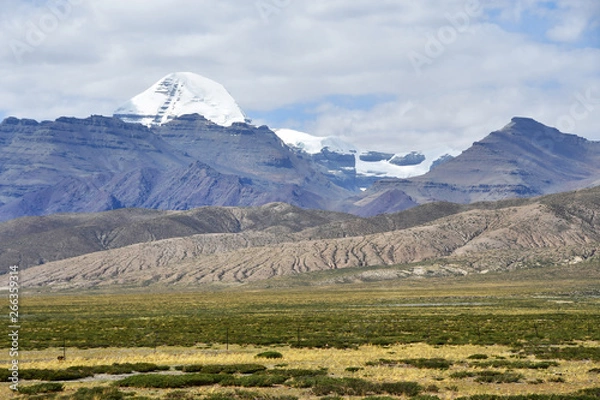 Fototapeta China, Tibet. South face of mount Kailash (Kailas) in the summer in cloudy day from the side of plateau of Bark