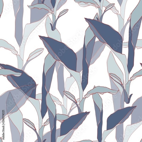 Fototapeta Seamless floral pattern of blue exotic plant with red contour on the white background. Fabric texture. Wallpaper. 